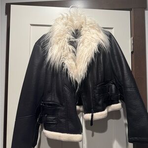 Women's Black Faux Leather Jacket with Cream Fur Trim